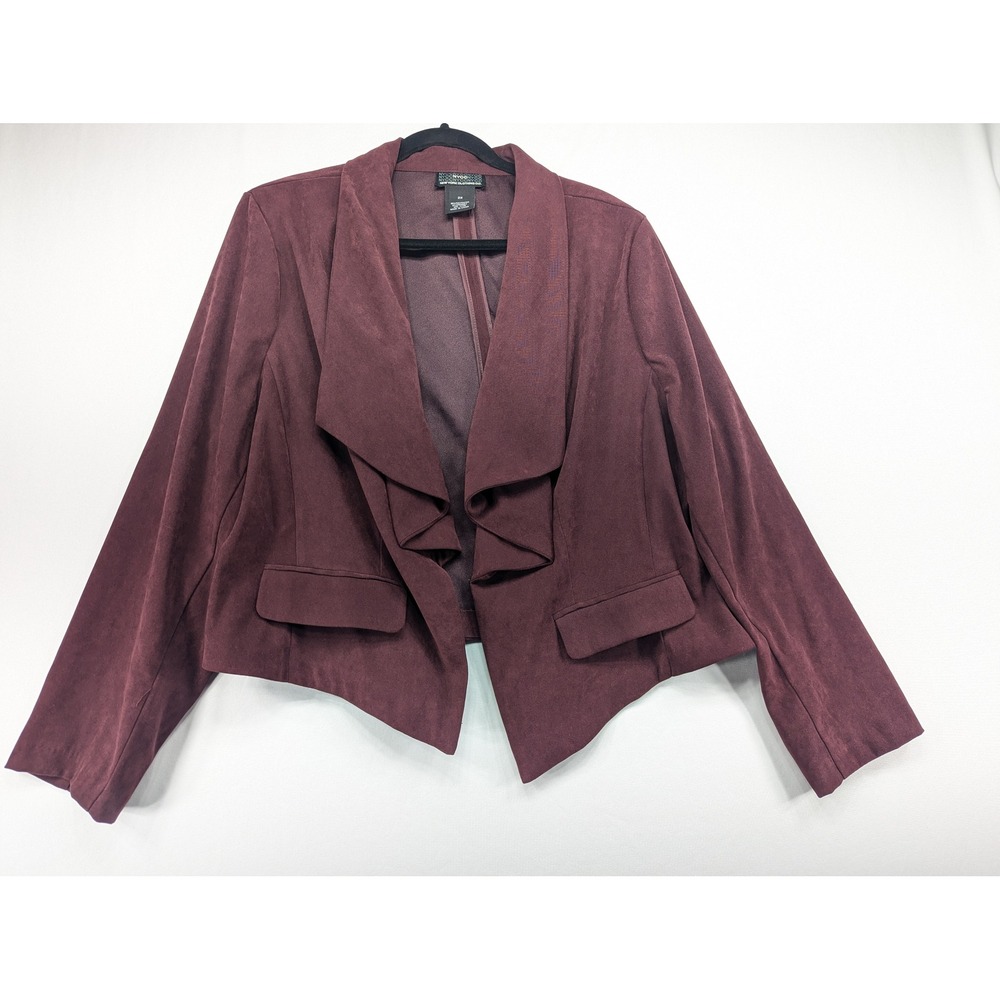 New York Clothing Co Womens 2X Burgundy Faux Suede Ruffle Blazer Jacket